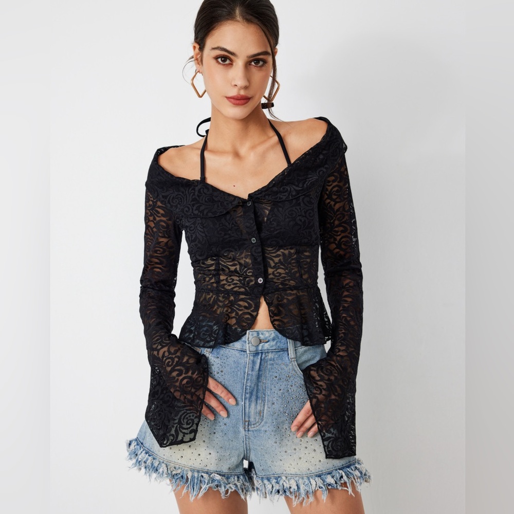 🎀CIDER🌸 Lace Off-shoulder Button Long Sleeve Blouse 👚